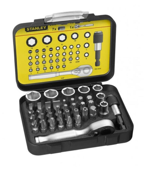 Coffret d’embouts de vissage 1/4′ 25mm + clé à cliquet – jeu de 39 pcs – gamme pro – STANLEY – 1-13-906