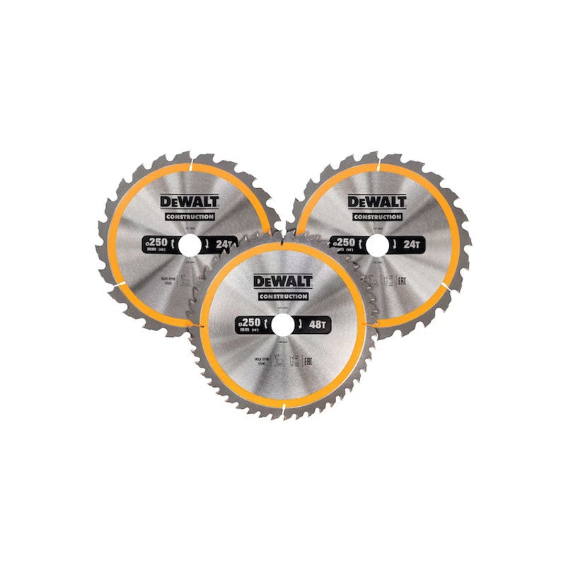 Coffret plastique de 3 lames Ø250mm DEWALT DT1963-QZ Carbure Construction pour scie circulaire stationnaires : DT1952x2, DT1959