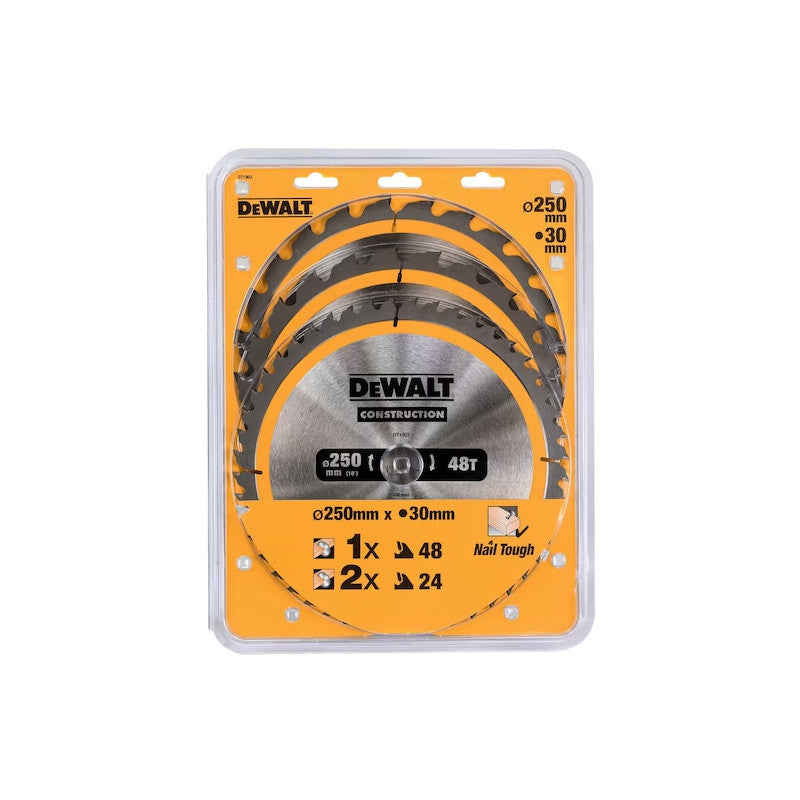 Coffret plastique de 3 lames Ø250mm DEWALT DT1963-QZ Carbure Construction pour scie circulaire stationnaires : DT1952x2, DT1959 - Image 2